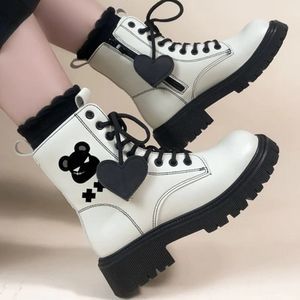 Bear Heart PU Leather Ankle Boots | Women Shoes Chunky Heels Lolita #770